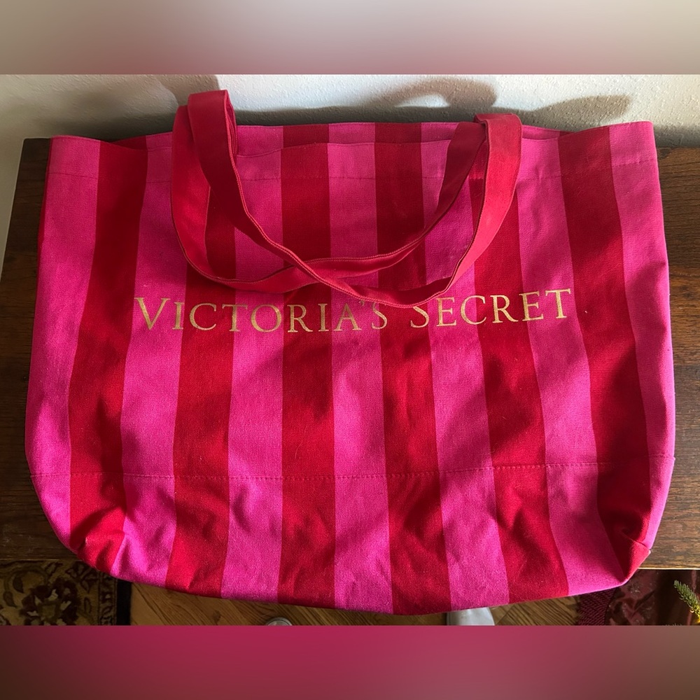 Victoria’s Secret XL Pink Red Striped Canvas  Tote With Detachable Coin Purse